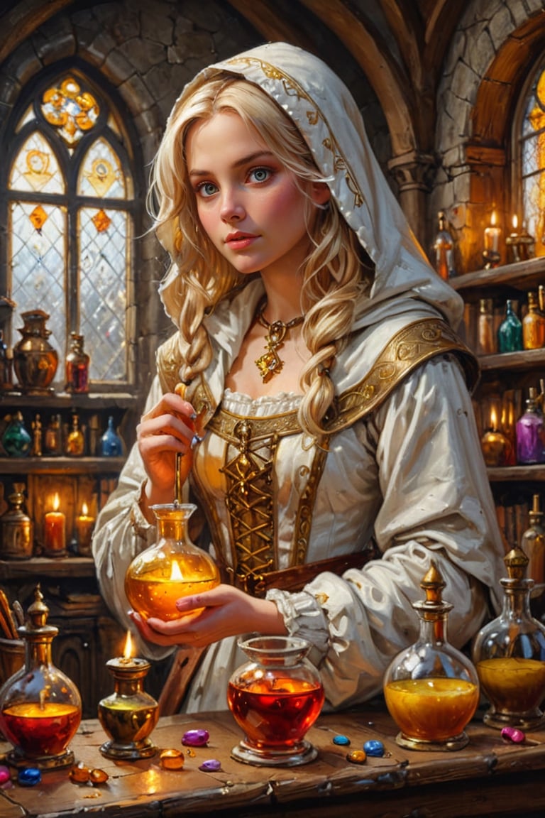 Photorealistic, Award Winning, Ultra Realistic, 8k, of a 25 years old good sweet girl preparing potions in her study. She has blonde hair and wears a medieval white dress with hood and tippet, richly silver embroidered. Medieval atmosphere. On background we see one yellow and orange stained glasses window lighting an old castle room, (many bright colored potion ampoules:1.4) on the shelves. Masterpiece, ultra highly detailed, Dynamic Poses, Alluring, Amazing, Excellent, Detailed Face, Beautiful Symmetric Eyes, Heavenly, Very Refined, dark golden light,digital painting,crystalz,Decora_SWstyle,art_booster