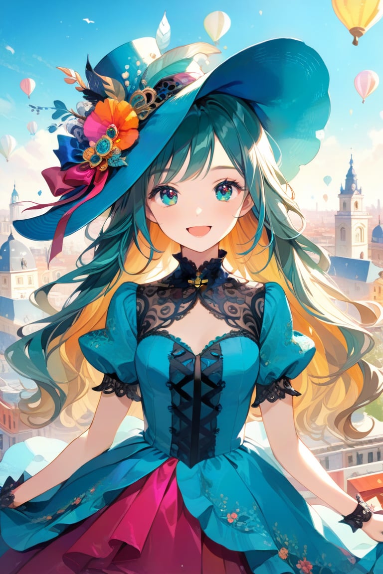 Very beautiful girl with a rococò teal dress, sumptuous hat, masterpiece, illustration, extremely detailed, beautiful detailed eyes, beautiful detailed mouth, warmly smile, (bright colors:1.4), city on background