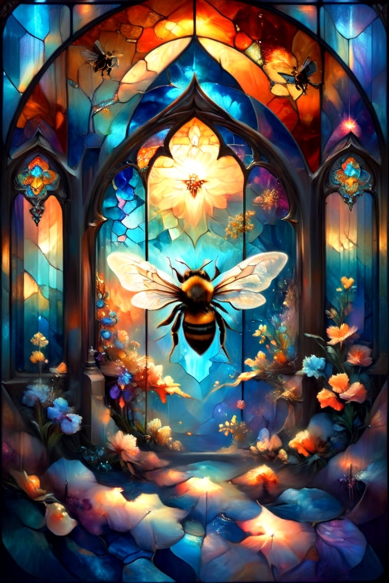 Gothic window, 3 Bees, magical fantasy art is done in oil paint, liquid rainbow, (liquid honey, orange crystals:1.2), best quality, fairytale, patchwork, (stained glass:1.3), honeybee magic world, golden light, mystic enlightenment, storybook detailed illustration, cinematic, ultra highly detailed, tiny details, beautiful details, mystical, luminism, vibrant colors, complex background, (hexagonal pattern background:1.2), resolution hyperdetailed intricate liminal eerie precisionism, intricate background, art by Alphonse Mucha, Kinuko Y Craft,Flora,crystalz