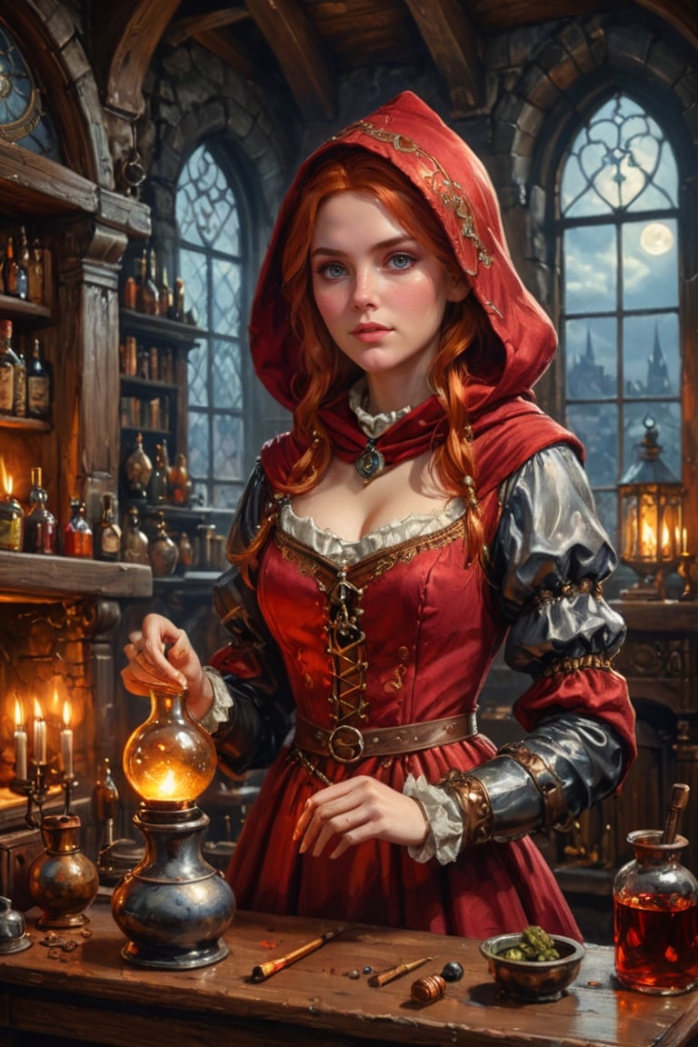 Photorealistic, Award Winning, Ultra Realistic, 8k, of a 20 years old good sweet witch preparing potions in her study. She has red copper hair and wears a medieval high-necked red dress with (hood:1.4) and tippet, richly silver embroidered. Medieval atmosphere. On background we see one stained glasses window moon lighting an old castle room, (some bright colored potion ampoules) on the shelves and a big (fireplace:1.6) lighting the room with a dark golden light. Masterpiece, ultra highly detailed, Dynamic Poses, Alluring, Amazing, Excellent, Detailed Face, Beautiful Symmetric Eyes, Heavenly, Very Refined, digital painting, art_booster