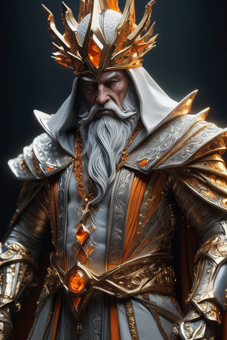 3D artwork, upper body shot of a caracter represesenting an harlequin mighty man. High elven hat shaped as a seashell, orange mantle, shining gold jewels and silver chains. (Majestic pose:1.4), (hieratic expression:1.6), emerging from the darkness in the style of Rembrandt. The caracter wears a white and orange large luxury suit. The character is illuminated from the side by a dark golden light. Vibrant colors. The background is a black gothic cathedral interior dimly lit by moonlight. UHD, high resolution, 8k.