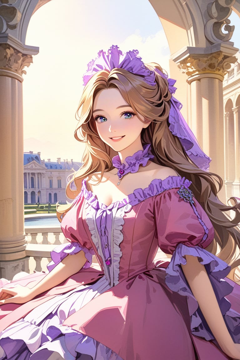 Very beautiful girl wearing a sumptuous pink and violet dress, illustration, detailed, realistic, UHD, beautiful detailed eyes, beautiful detailed, Warmly smile, Versailles background. Rococo oil paint