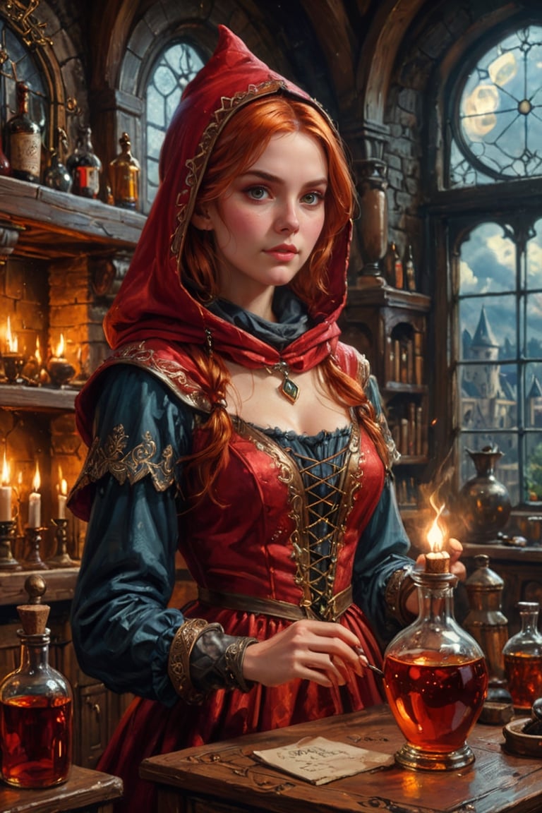 Photorealistic, Award Winning, Ultra Realistic, 8k, of a 20 years old good sweet witch preparing potions in her study. She has red copper hair and wears a medieval high-necked red dress with (hood:1.4) and tippet, richly silver embroidered. Medieval atmosphere. On background we see one stained glasses window moon lighting an old castle room, (some bright colored potion ampoules) on the shelves and a big (fireplace:1.4) lighting the room with a dark golden light. Masterpiece, ultra highly detailed, Dynamic Poses, Alluring, Amazing, Excellent, Detailed Face, Beautiful Symmetric Eyes, Heavenly, Very Refined, digital painting, art_booster