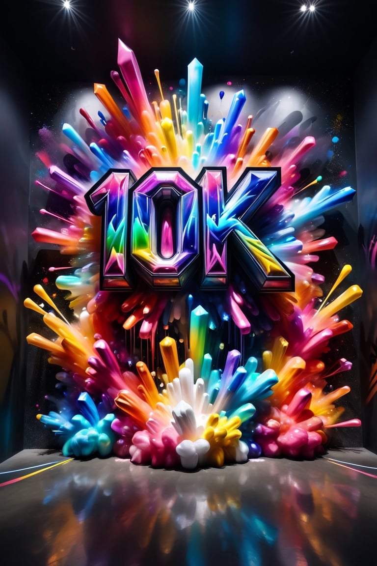 Front view of a 3D style graffiti museal artwork with the text "10K", displayed on the black wall of a futuristic museum. Bright colors, (color fireworks:0.7), colors powder, color smoke, close shot. Text,crystalz