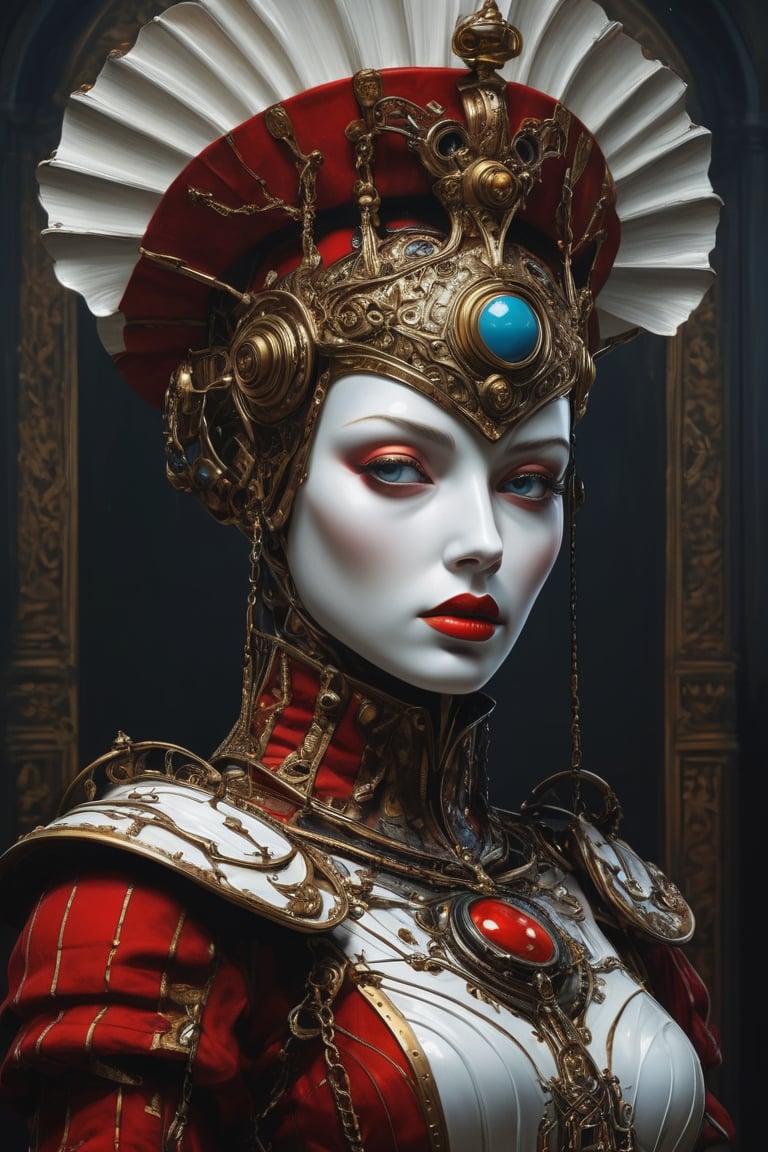 3D artwork, upper body of a caracter represesenting a mighty harlequin female robot with a surreal white mask, (surrealistic big stylized plastic hat in the style of Michael Cheval), mantle, bolts and iron chains. (Majestic pose:1.4), (hieratic expression:1.6), emerging from the darkness in the style of Caravaggio. Red, yellow, (teal:0.7), forming perfect ornamental stripes patterns on a (rusted:0.9) armor. Matte surfaces. Side light, UHD, high resolution, 8k, black gothic cathedral interior background, warm golden light 