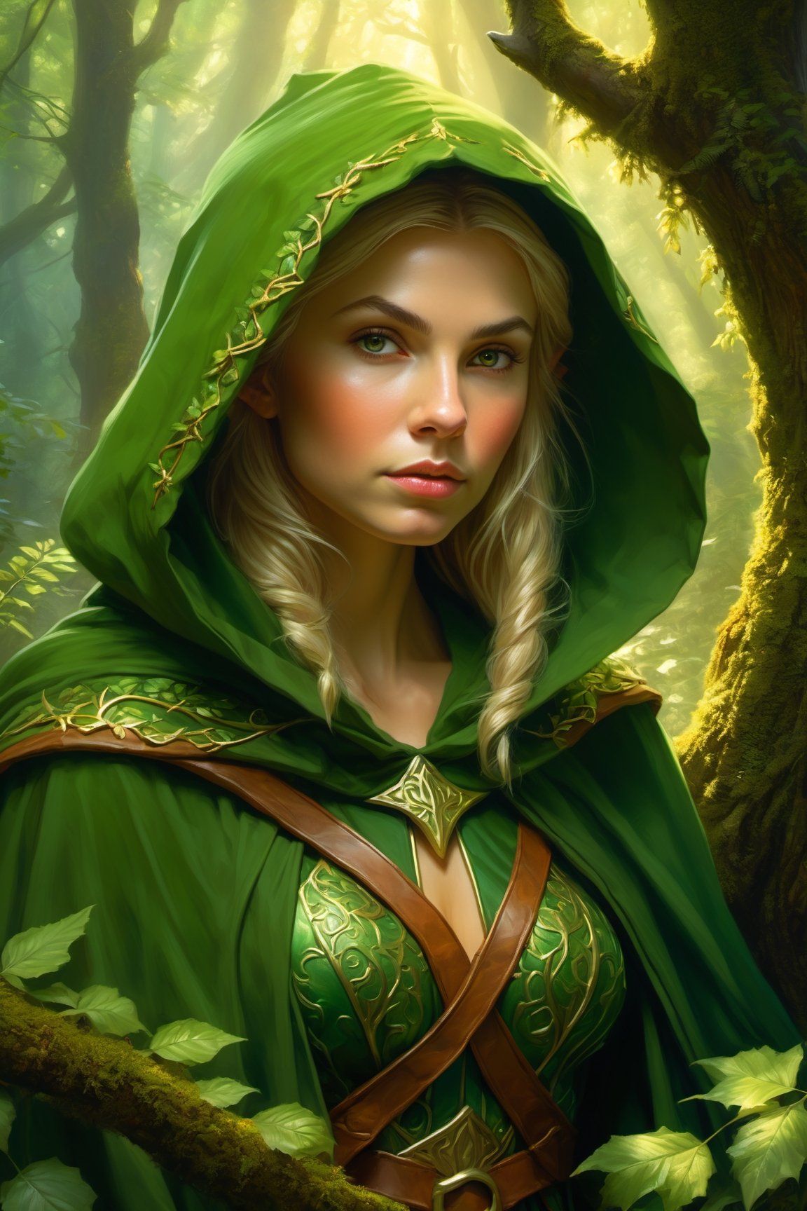 Fantasy elf girl hunting in the forest, she has a furtive attitude huddled behind a bush in a very dinamic pose, she wears a green hood and cloak, perfect cute face, fairy atmosphere, highly detailed, dramatic lighting. Digital painting, masterpiece, maximalist, approacing to perfection, style by Greg Rutkowski