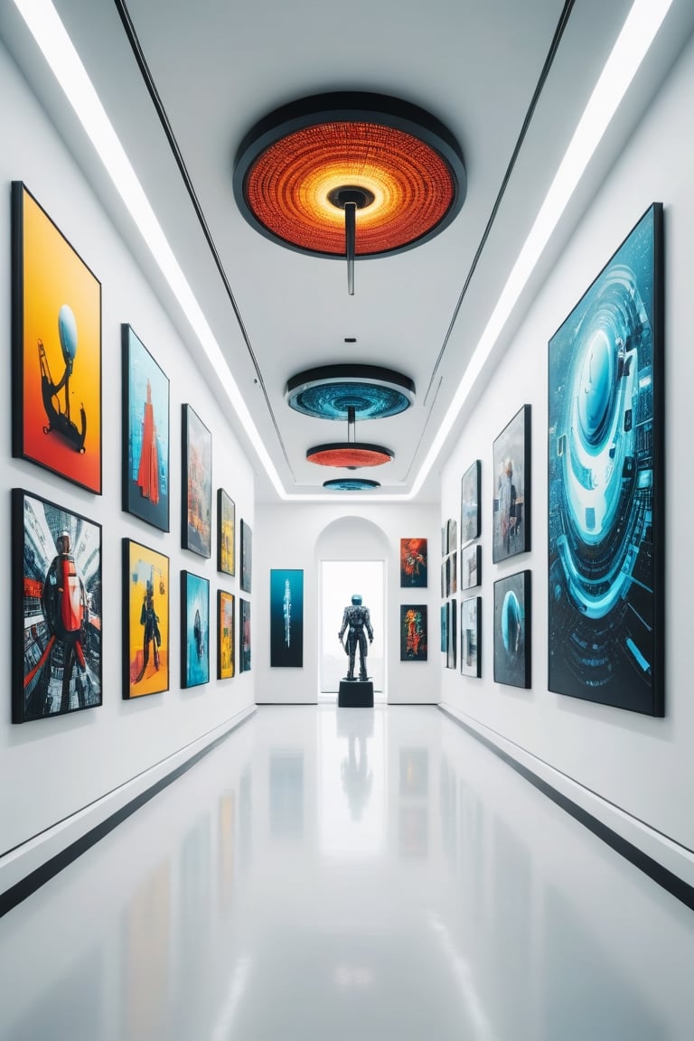 Wide view of a futuristic museal room with some artworks displayed on the white walls. Futuristic museum. Bright colors, surrealist, close shot. ,dvr-txt