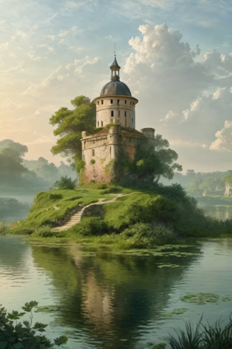A fantastic greenery ancient garden with a pond in the center and a small French castle tower in the center of the pond. A masterpiece painted by Claude Lorrain and Jean-Honoré Fragonard, highly detailed leaves, (surreal:1.4) atmosphere, romantic landscape,island