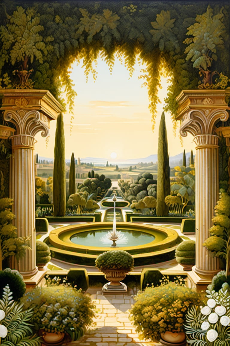 An ultra higly detailed ancient greenery garden with sumptuous masterpieces of topiary art. A masterpiece painted by Claude Lorrain, highly detailed leaves and a (white peacock:1.4) at the center of the scene. Golden hour, romantic landscape,  Architectural100, on parchment