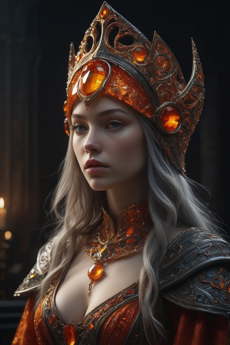 3D artwork, upper body shot represesenting a mighty female young caracter. High elven hat shaped as an orange seashell, mantle, shining gold jewels and silver chains. (Majestic pose:1.4), (hieratic expression:1.6), emerging from the darkness in the style of Rembrandt. The caracter wears a white, red and orange large luxury dress. The character is illuminated from the side by a dark golden light. Marine vibes. Vibrant colors. The background is a black gothic cathedral interior dimly lit by moonlight. UHD, high resolution, 8k.