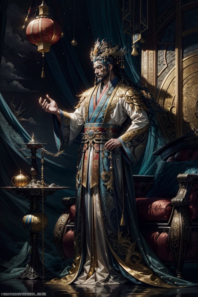 Full body shot of a character standing in majestic pose, realistic representation of a fantasy chinese god sitting on his fantastic throne, with the most sumptuous wedding hanfu suit made of white silk and richly embroidered with gold and silver threads, intricately carved golden badges and tassels. Under the sea background, magic circles. Art by Yoshitaka Amano, Huang Guangjian, Zhong Fenghua, stunning interpretive visual, gothic regal, colorful, realistic eyes, dreamy magical atmosphere, (film grain), (warm hue, warm tone), cinematic light, side lightings,zhongfenghua,gu,weapon