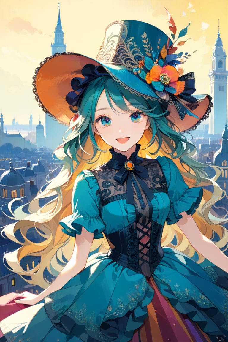 Very beautiful girl with a rococò teal dress, sumptuous hat, masterpiece, illustration, extremely detailed, beautiful detailed eyes, beautiful detailed mouth, warmly smile, (bright colors:1.4), city on background