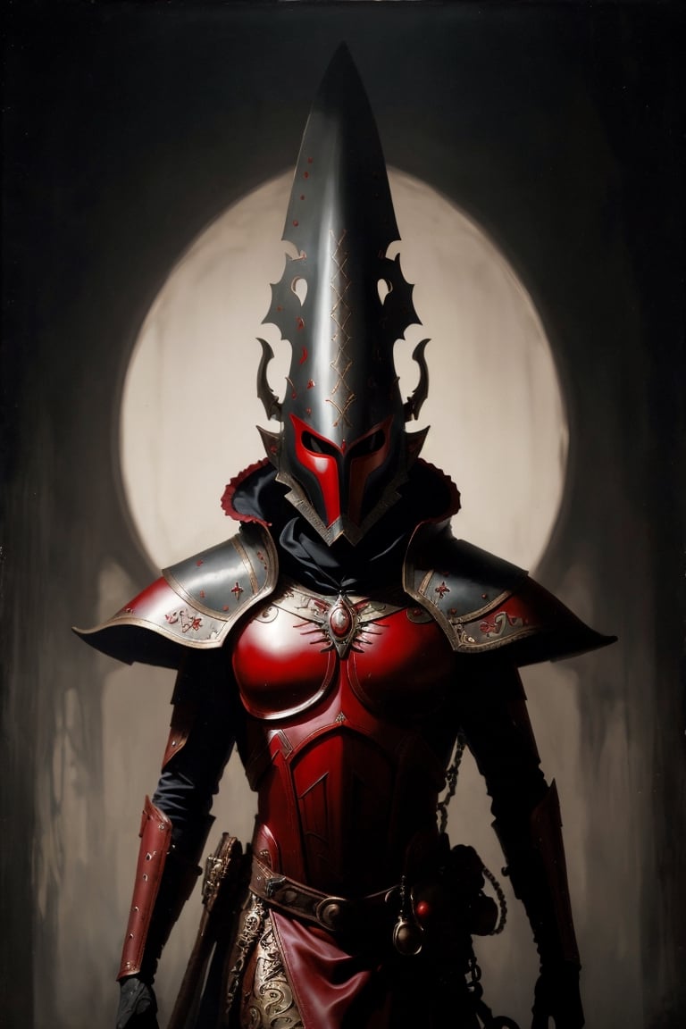 Fantasy surreal Eldar harlequin, red and white mask and high surreal helmet, leather surfaces, chiaroscuro, intricate details, highly detailed, cinematic, dimmed colors, dark shot, muted colors, film grain, spooky, depth blur, black background, 3d style, painting in the style of Caravaggio