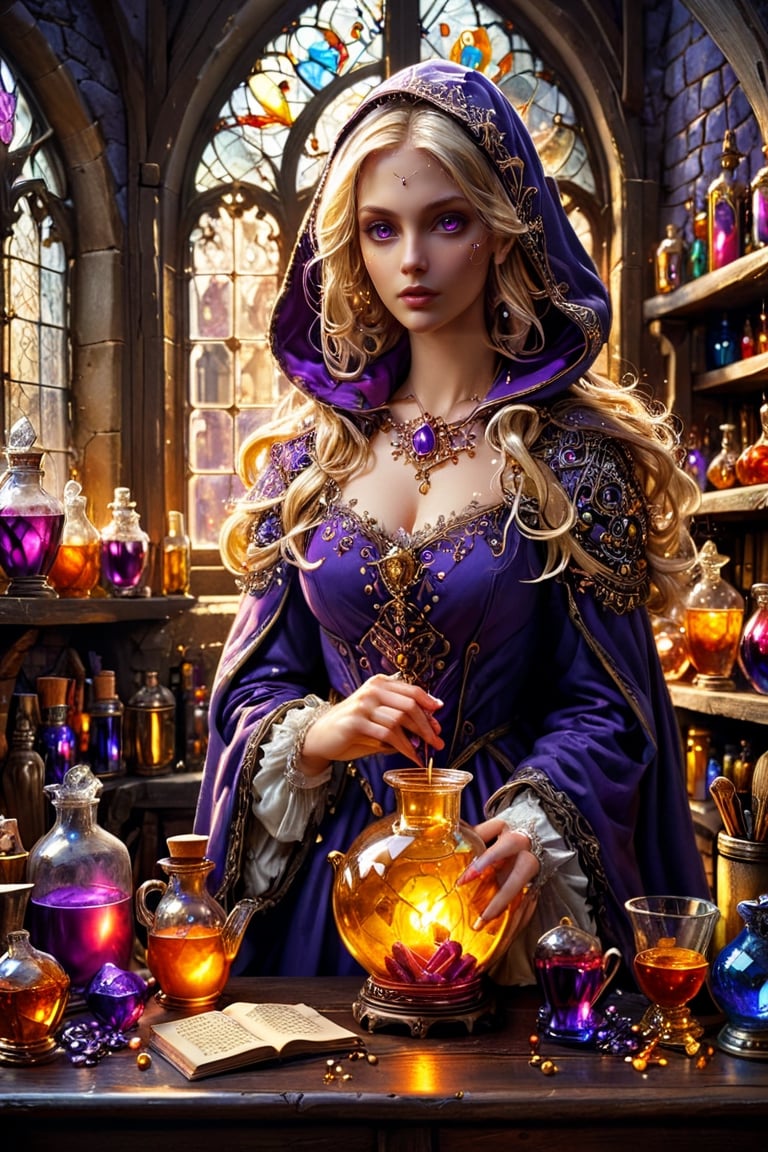 Photorealistic, Award Winning, Ultra Realistic, 8k, of a 25 years old good sweet girl preparing potions in her study. She has blonde hair and wears a medieval purple dress with hood and tippet, richly silver embroidered. Medieval atmosphere. On background we see one yellow and orange stained glasses window lighting an old castle room, (many bright colored potion ampoules:1.4) on the shelves. Masterpiece, ultra highly detailed, Dynamic Poses, Alluring, Amazing, Excellent, Detailed Face, Beautiful Symmetric Eyes, Heavenly, Very Refined, dark golden light,digital painting,crystalz,Decora_SWstyle