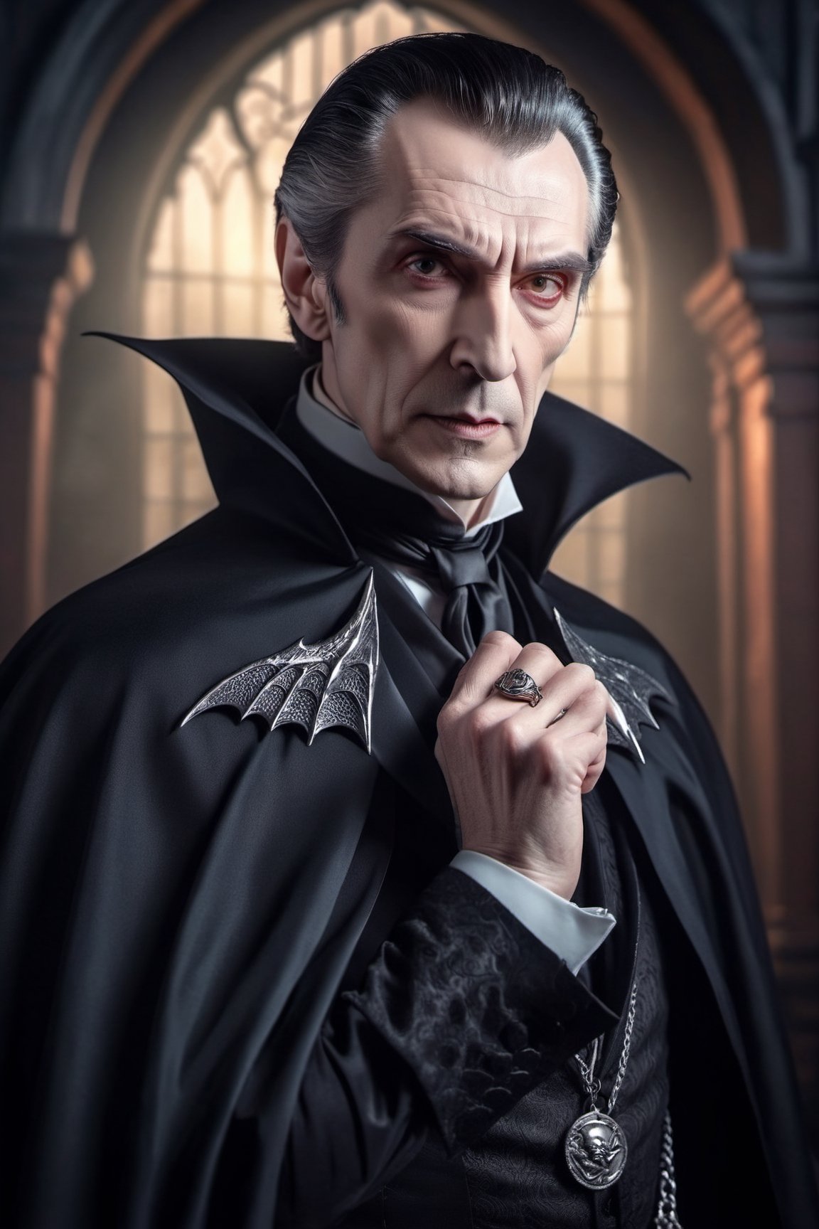 Count Dracula, 60 year old man, intense and sinister look, silver finger rings, wearing black tuxedo and black cape, ribbon with silver dragon pendant around neck, Victorian age background, warm light, by Greg Rutkowski 