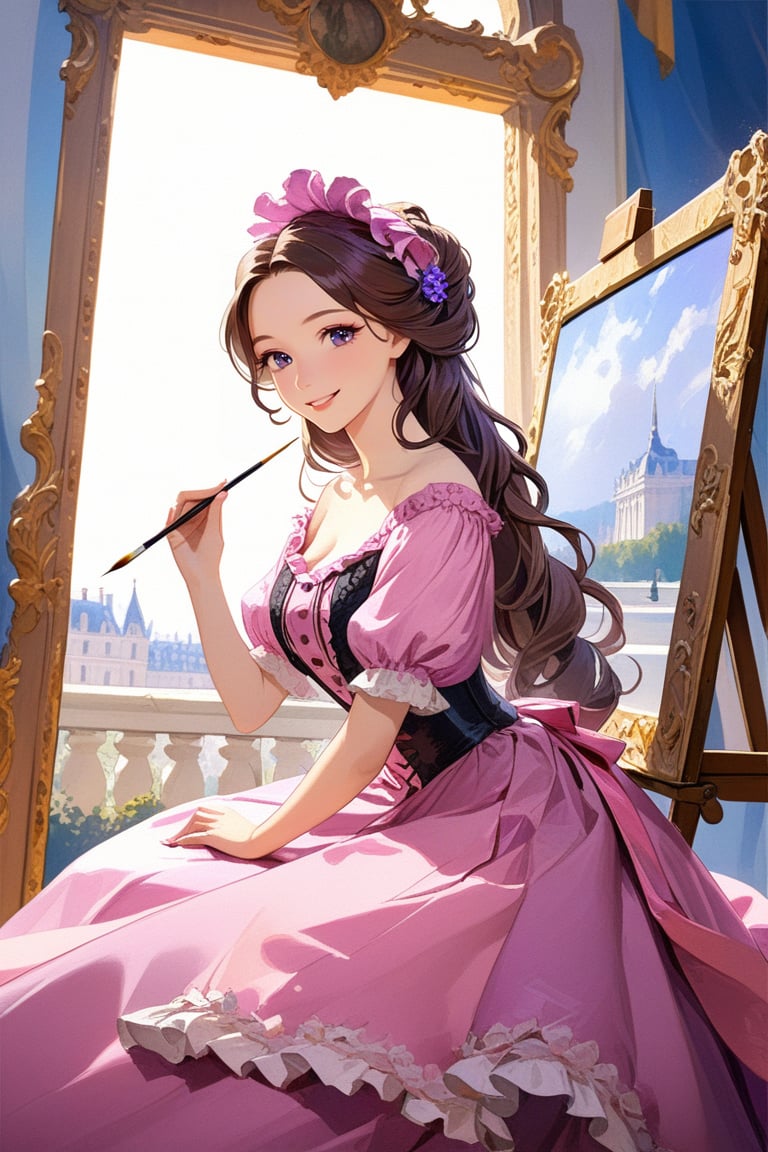 Very beautiful girl wearing a sumptuous pink and violet dress, illustration, detailed, realistic, UHD, beautiful detailed eyes, beautiful detailed, Warmly smile, she is painting on a canvas, Versailles background. Rococo oil paint