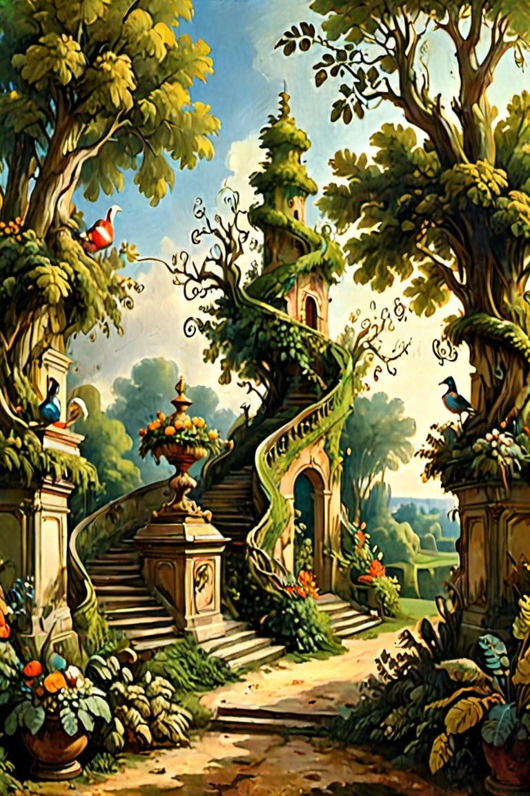 A mystical greenery garden, masterful whimsical topiary sculptures, baroque style vases, flowers, esotic birds, (multiple fantastic spirals of branches and leaves:1.9), dreamy atmosphere, golden vibes, romantic landscape. Masterpiece, rococo style, painted by Jean-Honoré Fragonard and Jan Bruegel