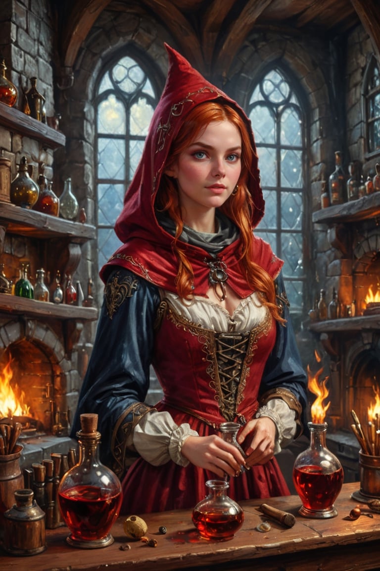 Photorealistic, Award Winning, Ultra Realistic, 8k, of a 20 years old good sweet witch preparing potions in her study. She has red copper hair and wears a medieval high-necked red dress with (hood:1.4) and tippet, richly silver embroidered. Medieval atmosphere. On background we see one stained glasses window moon lighting an old castle room, (some bright colored potion ampoules) on the shelves and a big (fireplace:1.6) lighting the room with a vivid flame. Masterpiece, ultra highly detailed, Dynamic Poses, Alluring, Amazing, Excellent, Detailed Face, Beautiful Symmetric Eyes, Heavenly, Very Refined, digital painting, art_booster