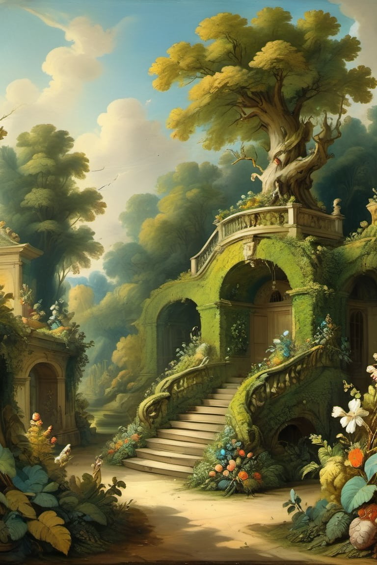 A mystical greenery garden, masterful whimsical topiary sculptures, baroque style vases, flowers, esotic birds, (multiple fantastic spirals of branches and leaves:1.9), dreamy atmosphere, golden vibes, romantic landscape. Masterpiece, rococo style, painted by Jean-Honoré Fragonard and Jan Bruegel