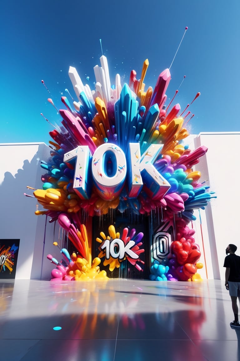 Front view of a 3D style graffiti museal artwork with the text "10K", displayed on the white wall of a futuristic museum. Bright colors, dripping colors, color fireworks, close shot. Text,crystalz