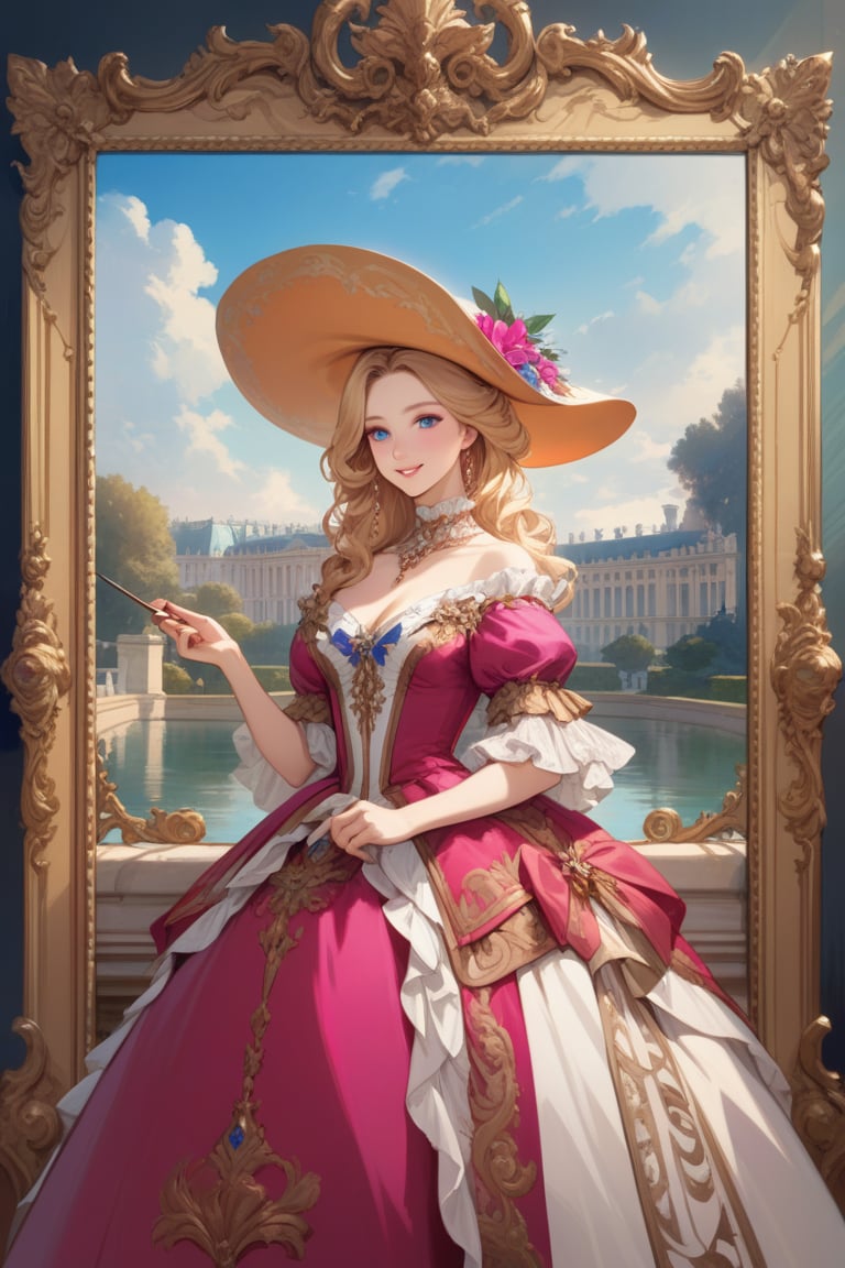 Very beautiful girl wearing a sumptuous fuchsia and pale orange dress, wide brimmed hat, illustration, detailed, beautiful detailed blue eyes, (beautiful detailed face:1.2), blonde hair, warmly smile, she is showing a painting of hers, Versailles background. Rococo oil paint