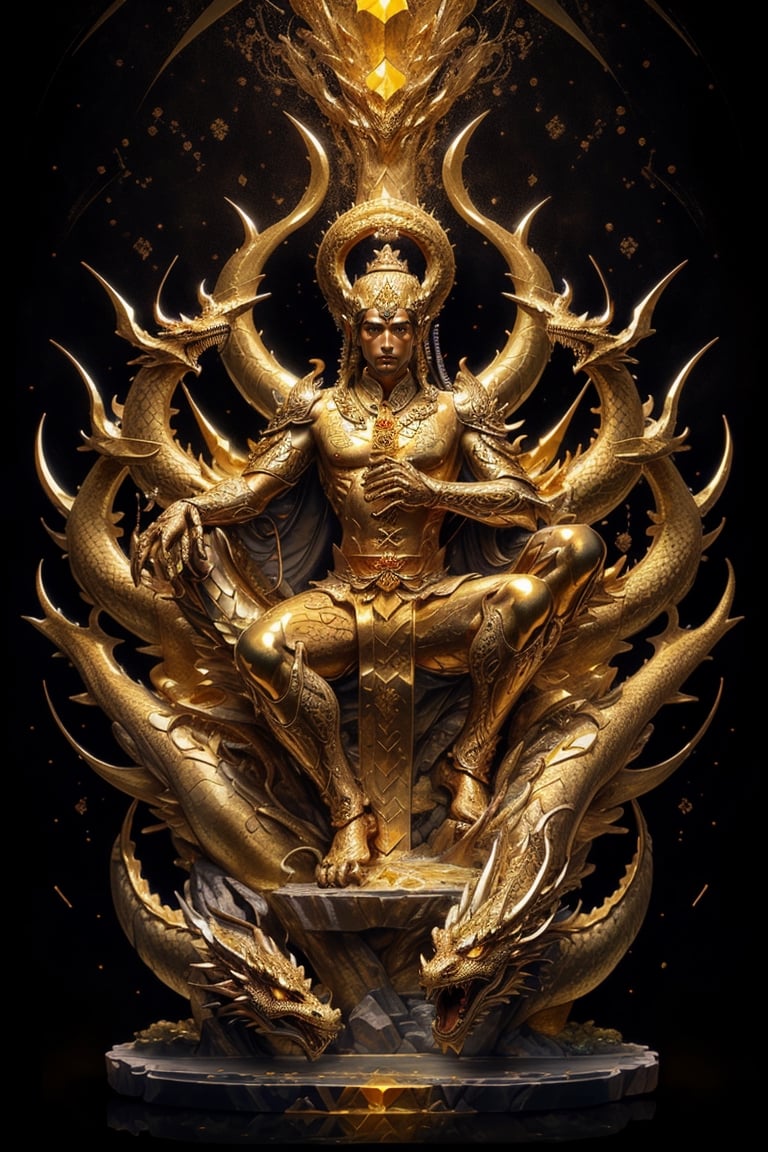 1 chinese full body God with dragon hyperdetailed dark bronze sculpture, perfect bronze face, human feet, (masterful:1.3), in the ancient style of the best chinese art, detailed and intricate, golden line, yellow crystals, glass elements, complex background, golden intricately detailed background, black color,bg_imgs,dragon