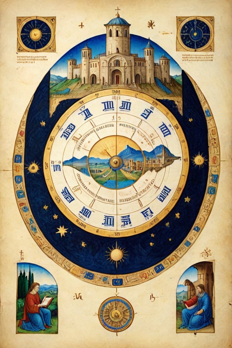 (Full-page illustration with a blue background of an ancient illuminated codex:1.3), round arrangement, ink drawing with golden leaf and liquid gold insertions on parchment, art on a cracked paper of a wonderful (medieval castle in Italy:1.4),  14th century,  (golden ratio:1.3),  (medieval architecture:1.3), (mullioned windows:1.3), (brick wall:1.1),  (towers with merlons:1.2),  (set on top of a hill overlooking a valley:1.2),  beautiful blue sky (aerial view:1.2), (round zodiac calendar:1.2), vignette,  highest quality. Masterpiece of a museum of art, in the style of Limbourg brothers,  award winning,  detailed and intricate,  masterpiece,  itacstl, real_booster, itacstl, on parchment, art_booster,