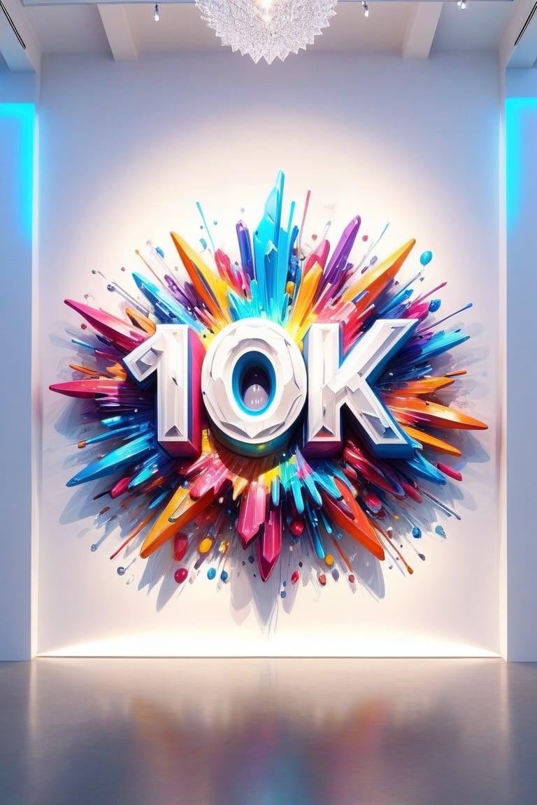 Front view of a 3D style graffiti museal artwork with the text "10K", displayed on the white wall of a futuristic museum. Bright colors, close shot. Text,crystalz