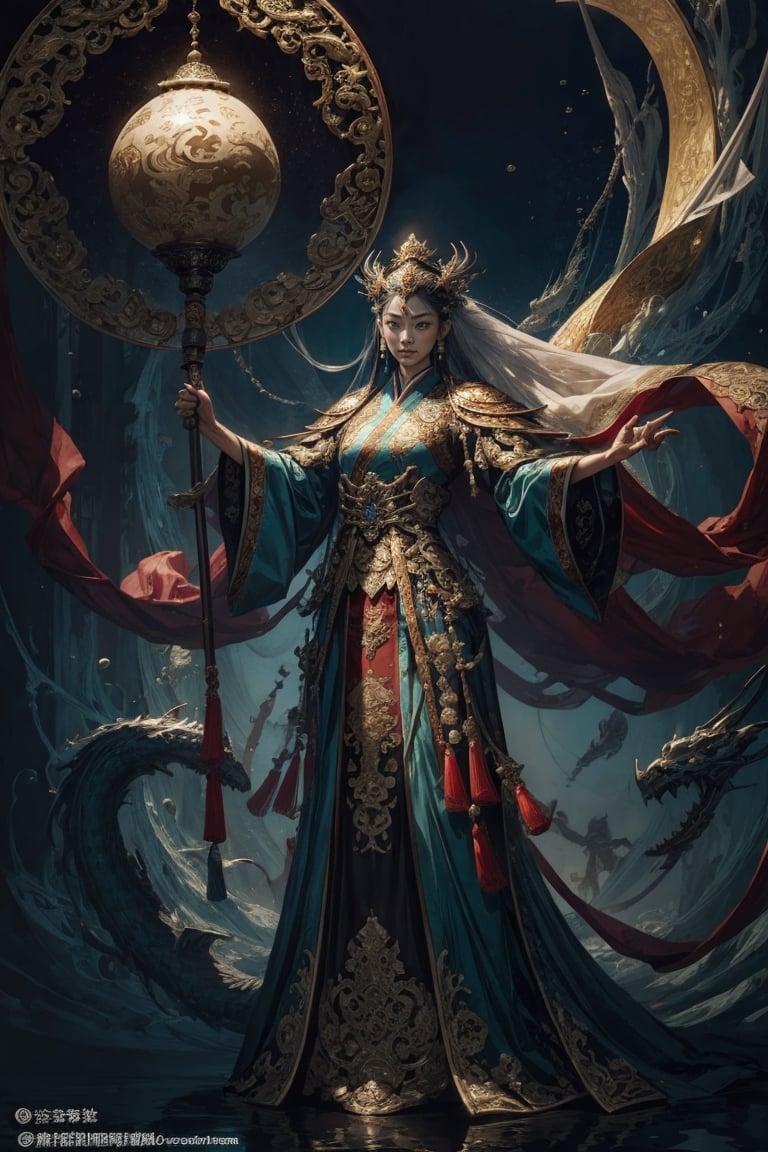 Full body shot of a character standing in majestic pose, realistic representation of a fantasy chinese empress, with the most sumptuous wedding hanfu dress made of white silk and richly embroidered with gold and silver threads, intricately carved golden badges and tassels. Under the sea background, magic circles. Art by Yoshitaka Amano, Huang Guangjian, Zhong Fenghua, stunning interpretive visual, gothic regal, colorful, realistic eyes, dreamy magical atmosphere, (film grain), (warm hue, warm tone), cinematic light, side lightings,zhongfenghua,gu,weapon