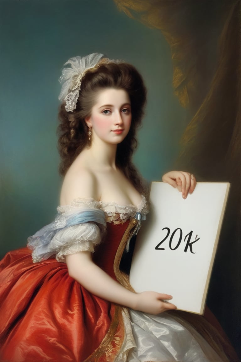 Very beautiful girl holding a white board with text "20K". Rococo oil paint, bright colors, text as ""