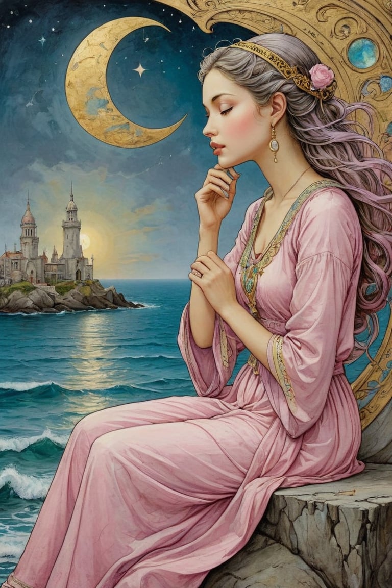 Art Nouveau style, Pale pink and white dressed girl conversing with the face of the crescent moon and meditating over the sea. Golden line, liquid silver, liquid rainbow, art on a cracked paper, ink paint. Whimsical art, pop surrealism, inspired by Gabriel Pacheco and Michael Cheval. Masterpiece, bizarre, hyper detailed, diaphanous, DonM0ccul7Ru57XL, on parchment,art_booster