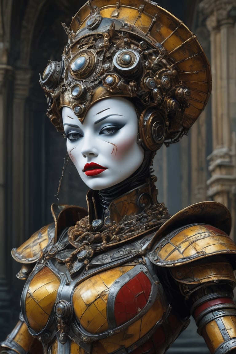 3D artwork, upper body of a caracter represesenting a mighty harlequin female robot with a surreal white mask, (surrealistic big stylized plastic hat in the style of Michael Cheval), mantle, bolts and iron chains. (Majestic pose:1.4), (hieratic expression:1.6), emerging from the darkness in the style of Caravaggio. Red, yellow, (teal:0.7), forming perfect ornamental stripes patterns on a (rusted:0.9) armor. Matte surfaces. Side light, UHD, high resolution, 8k, black gothic cathedral interior background, warm golden light 