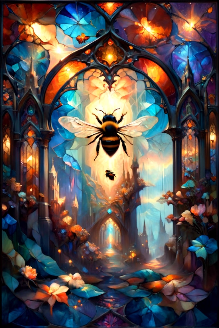 Gothic cathedral wi dow, 3 Bees, magical fantasy art is done in oil paint, liquid rainbow, (liquid honey, orange crystals:1.2), best quality, fairytale, patchwork, (stained glass:1.3), honeybee magic world, golden light, mystic enlightenment, storybook detailed illustration, cinematic, ultra highly detailed, tiny details, beautiful details, mystical, luminism, vibrant colors, complex background, (hexagonal pattern background:1.2), resolution hyperdetailed intricate liminal eerie precisionism, intricate background, art by Alphonse Mucha, Kinuko Y Craft,Flora,crystalz