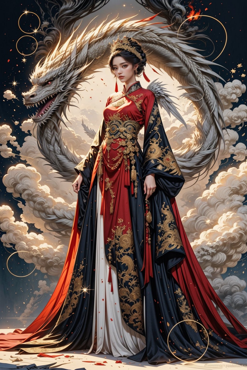 Full body shot of a character standing in majestic pose, hyper realistic representation of a fantasy chinese empress with the most sumptuous wedding hanfu dress made of black and (red:1.8) silk and richly embroidered with gold and silver threads, (wide sleeves:1.2), intricately carved golden badges and tassels, golden line, dark gothic cathedral background, fire and flame and clouds of smoke. Art by Yoshitaka Amano, Zhong Fenghua, stunning interpretive visual, gothic regal, colorful, realistic eyes, dreamy magical atmosphere, (film grain), (warm hue, warm tone), cinematic light, side lightings,zhongfenghua,horror (theme),dragon_aodai_nam,Angel,<lora:659111690174031528:1.0>