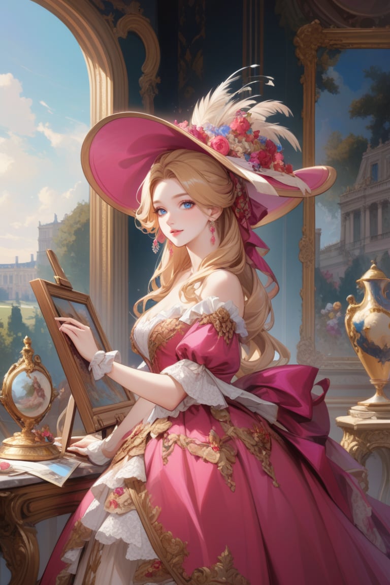 Very beautiful girl wearing a sumptuous fuchsia and pale orange dress, wide brimmed hat, illustration, detailed, beautiful detailed blue eyes, (beautiful detailed face:1.2), blonde hair, warmly smile, she is showing a painting of hers, Versailles background. Rococo oil paint