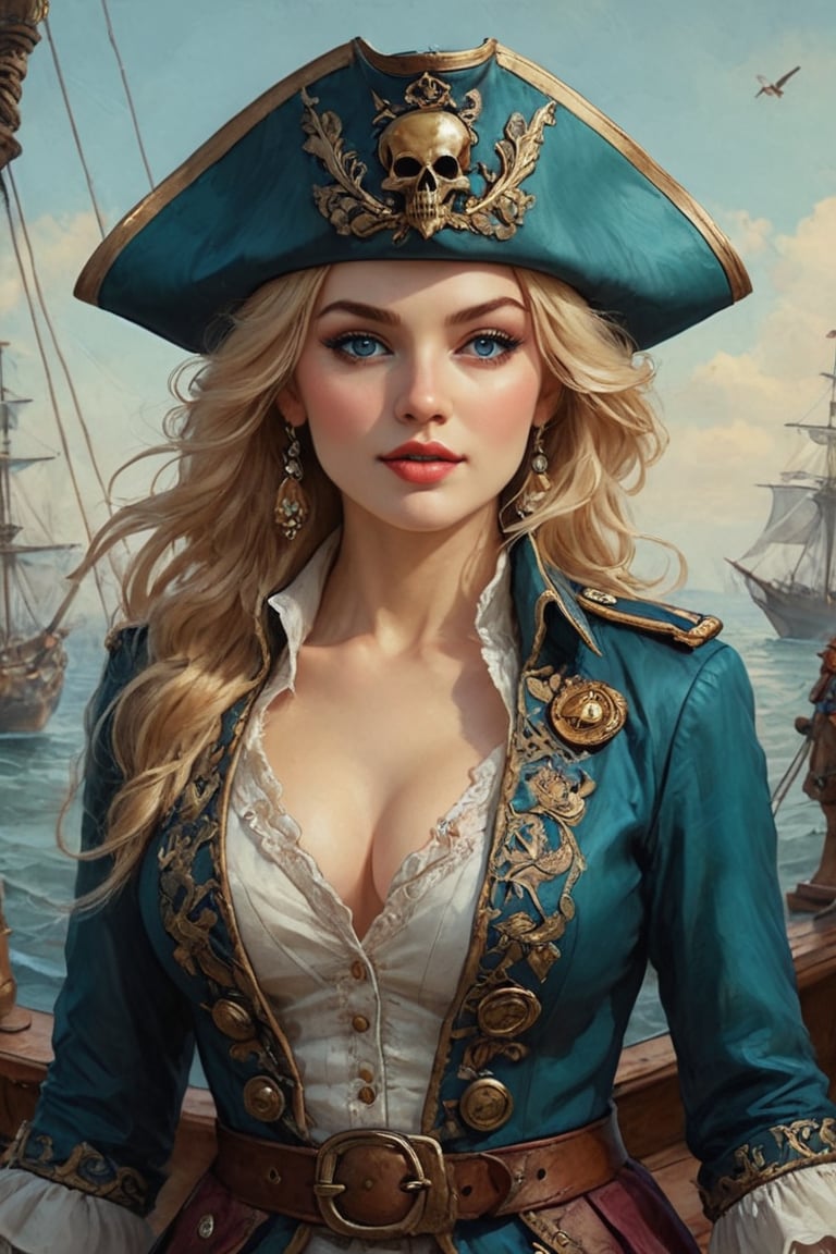 Oil painting of a very beautiful pirate captain  manga blonde girl, perfect detailed eyes, perfect detailed nose, perfect detailed lips. She wears a teal velvet long jacket with golden buttons, shirt adorned with lace, blue leather trousers, Intricately detailed accessories and pirate hat. She is on the deck of her ship and cheers her crew on to fight during the battle. Dynamic pose. Masterpiece, vibrant colors, warm light, eerie detail perfection, absurdres detail, realistic illustration, extremely detailed, intricately sharp details, sharp focus, chaotic (ships battle scenario:1.3), ships on background 