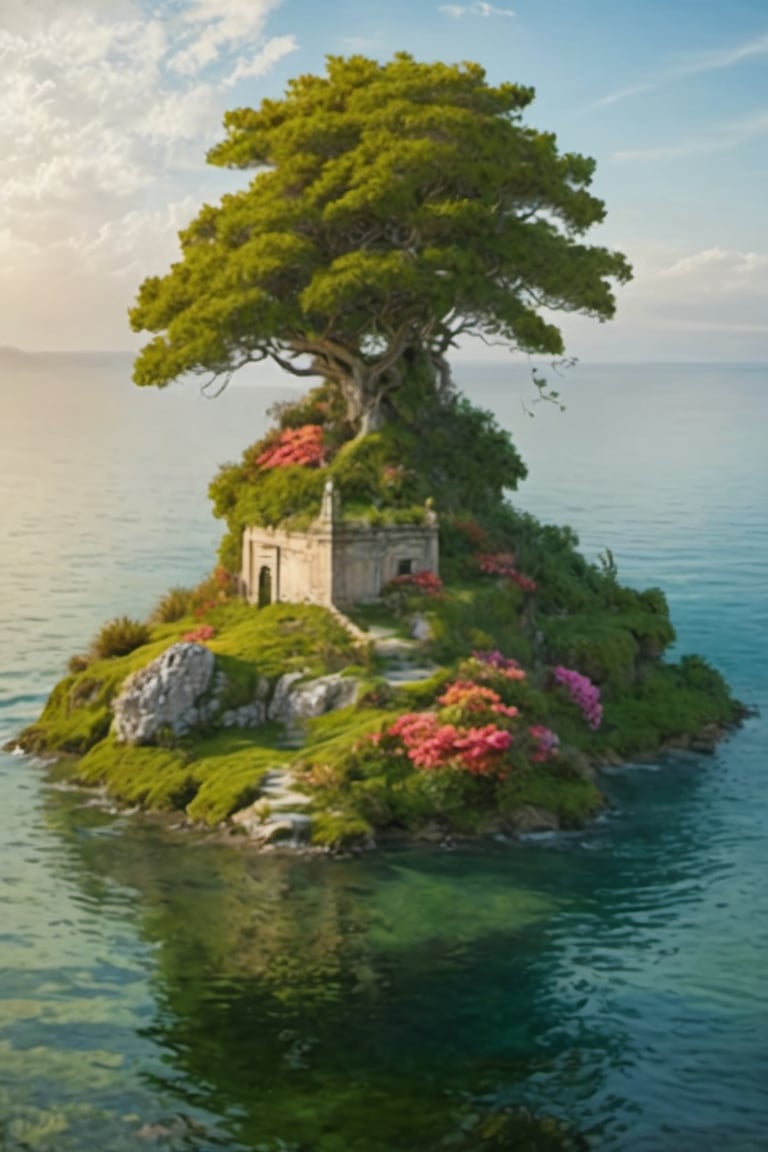 A fantastic greenery ancient garden with plant sculptures, ancient small tower and bright colored flowers. A masterpiece painted by Claude Lorrain and Jean-Honoré Fragonard, highly detailed leaves, (surreal:1.4) atmosphere, romantic landscape,island