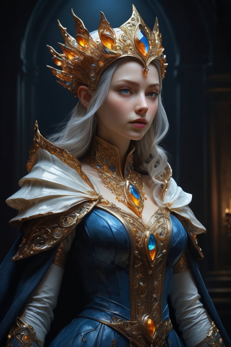 3D artwork, upper body shot represesenting a mighty female young caracter. High elven hat shaped as a white seashell, mantle, shining amber gold jewels. (Majestic pose:1.4), (hieratic expression:1.6), emerging from the darkness in the style of Rembrandt. The caracter wears a blue large luxury dress. The character is illuminated from the side by a dark golden light. Marine vibes. Vibrant colors. The background is a black gothic cathedral interior dimly lit by moonlight. UHD, high resolution, 8k.