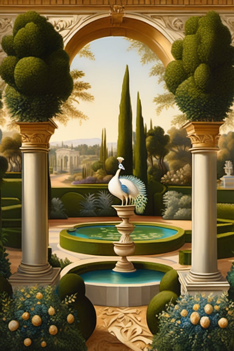 An ultra higly detailed ancient greenery garden with sumptuous masterpieces of topiary art. A masterpiece painted by Claude Lorrain, highly detailed leaves and a (white peacock:1.4) at the center of the scene. Golden hour, romantic landscape,  Architectural100, on parchment