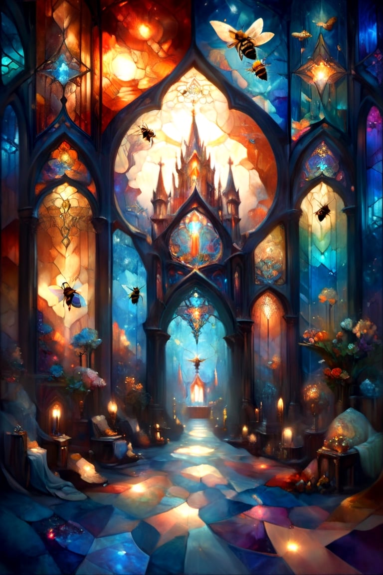 Gothic cathedral wi dow, 3 Bees, magical fantasy art is done in oil paint, liquid rainbow, (liquid honey, orange crystals:1.2), best quality, fairytale, patchwork, (stained glass:1.3), honeybee magic world, golden light, mystic enlightenment, storybook detailed illustration, cinematic, ultra highly detailed, tiny details, beautiful details, mystical, luminism, vibrant colors, complex background, (hexagonal pattern background:1.2), resolution hyperdetailed intricate liminal eerie precisionism, intricate background, art by Alphonse Mucha, Kinuko Y Craft,Flora,crystalz