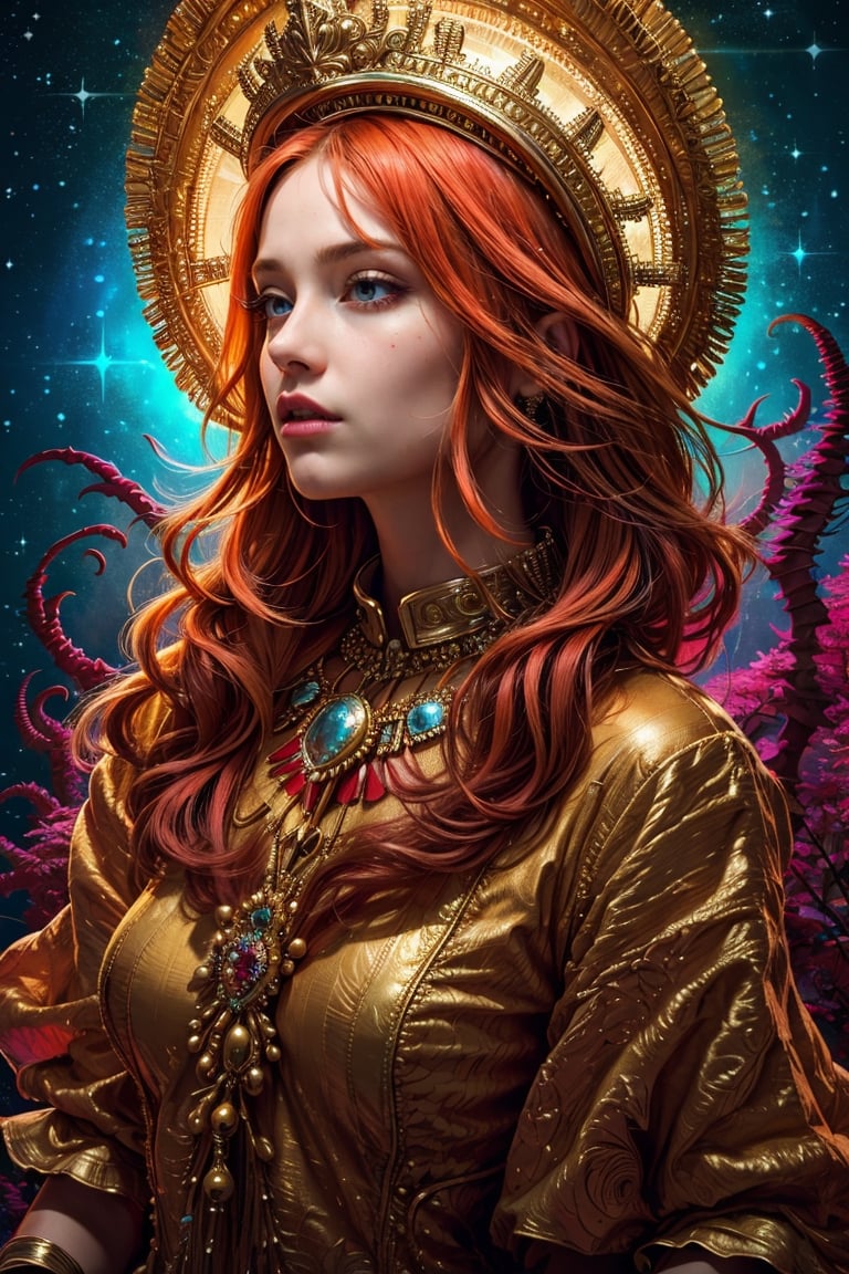 ultra high resolution, surreal, official art, divine nature, elegant and royal, red, orange, yellow, girl, complex detailed, medium shot, Holiness, Chaos, charming, majestic, beautiful Psychedelia, Madness, Highly detailed, intricate, midjourney, xyzabcplanets, scenery, Color magic,Realism