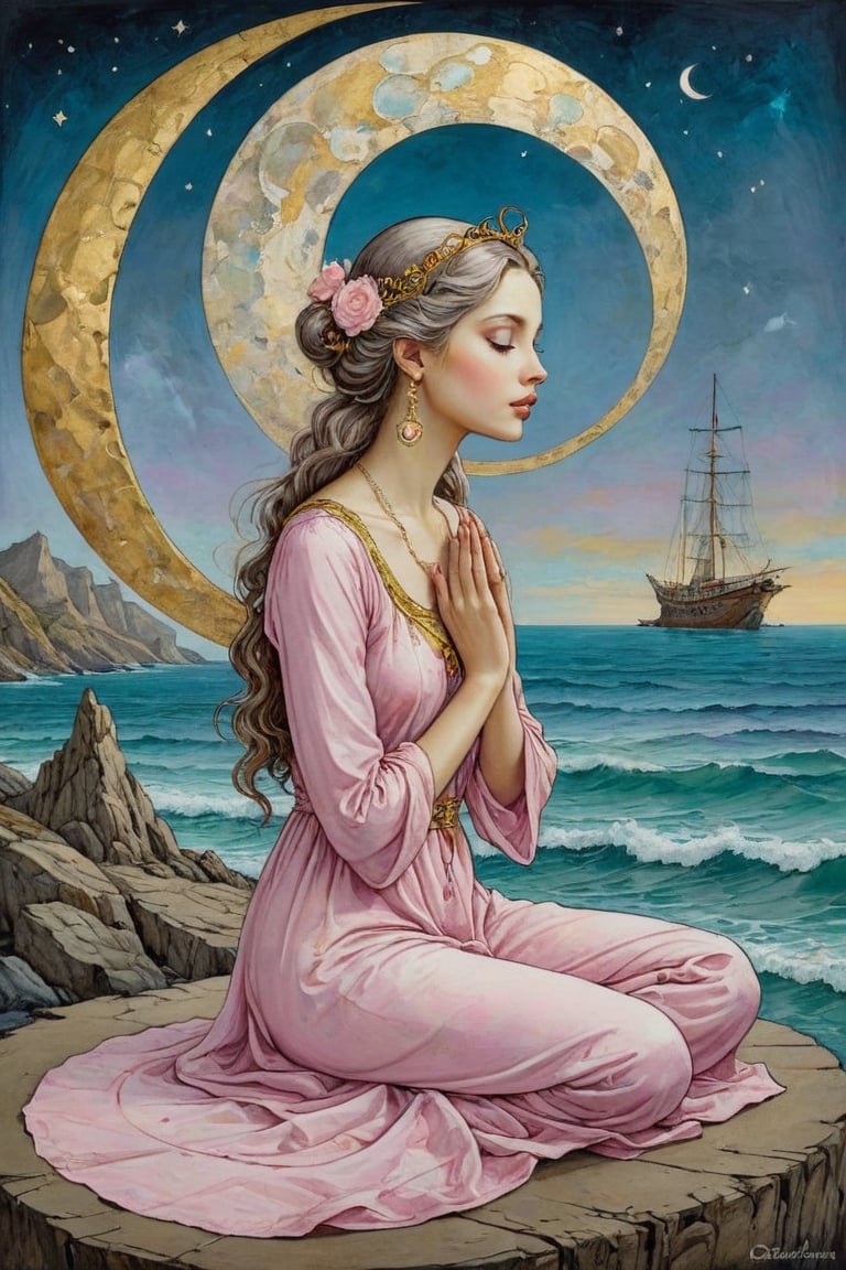 Art Nouveau style, Pale pink and white dressed girl conversing with the face of the crescent moon and meditating over the sea. Golden line, liquid silver, liquid rainbow, art on a cracked paper, ink paint. Whimsical art, pop surrealism, inspired by Gabriel Pacheco and Michael Cheval. Masterpiece, bizarre, hyper detailed, diaphanous, DonM0ccul7Ru57XL, on parchment,art_booster