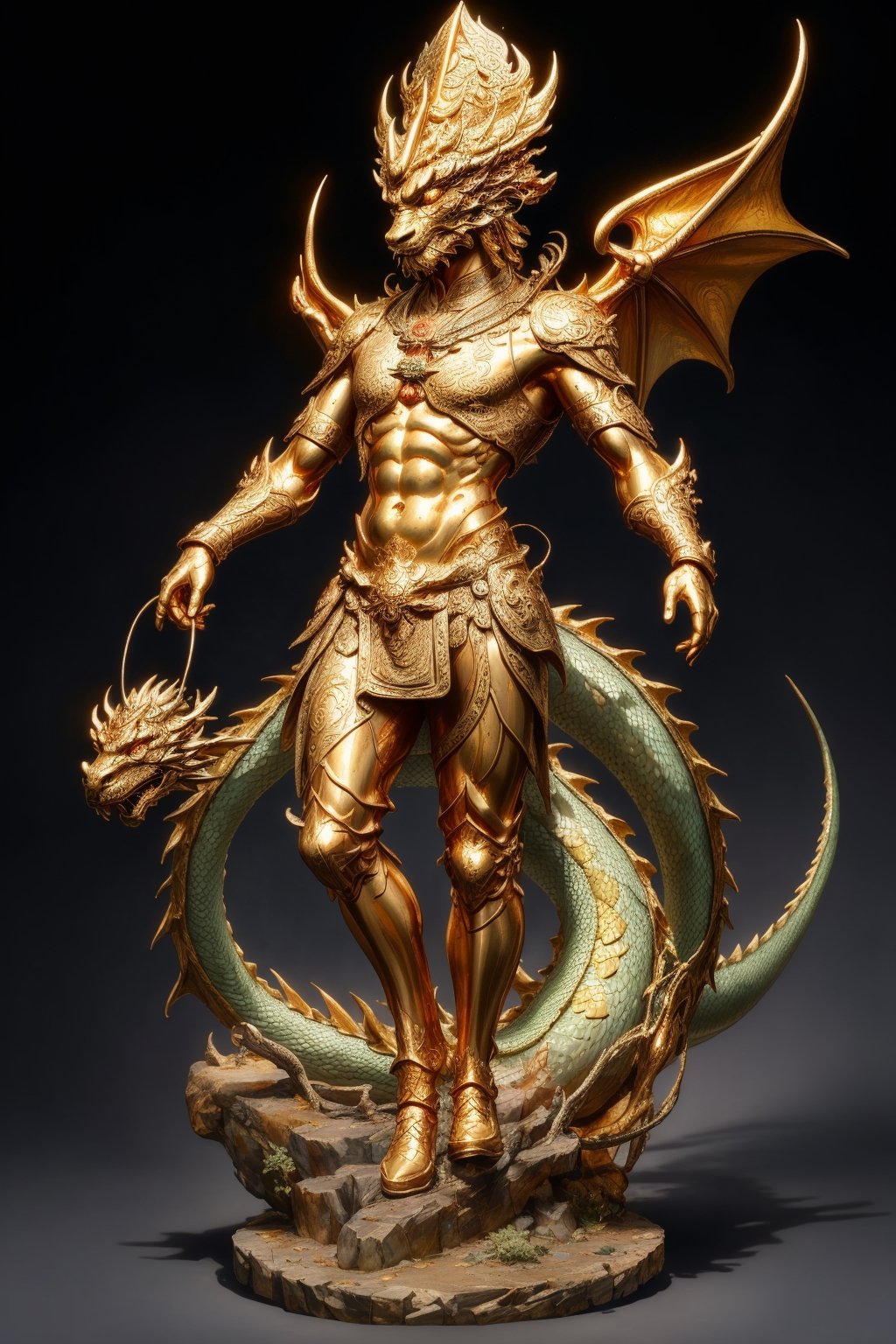 1 chinese full body God with dragon hyperdetailed bronze and copper sculpture, perfect face, dynamic pose, (masterful:1.3), in the ancient style of the best chinese art, detailed and intricate, golden line, complex background, golden intricately detailed background, black color,bg_imgs,dragon,DonM0ccul7Ru57,DonMBl00mingF41ryXL 