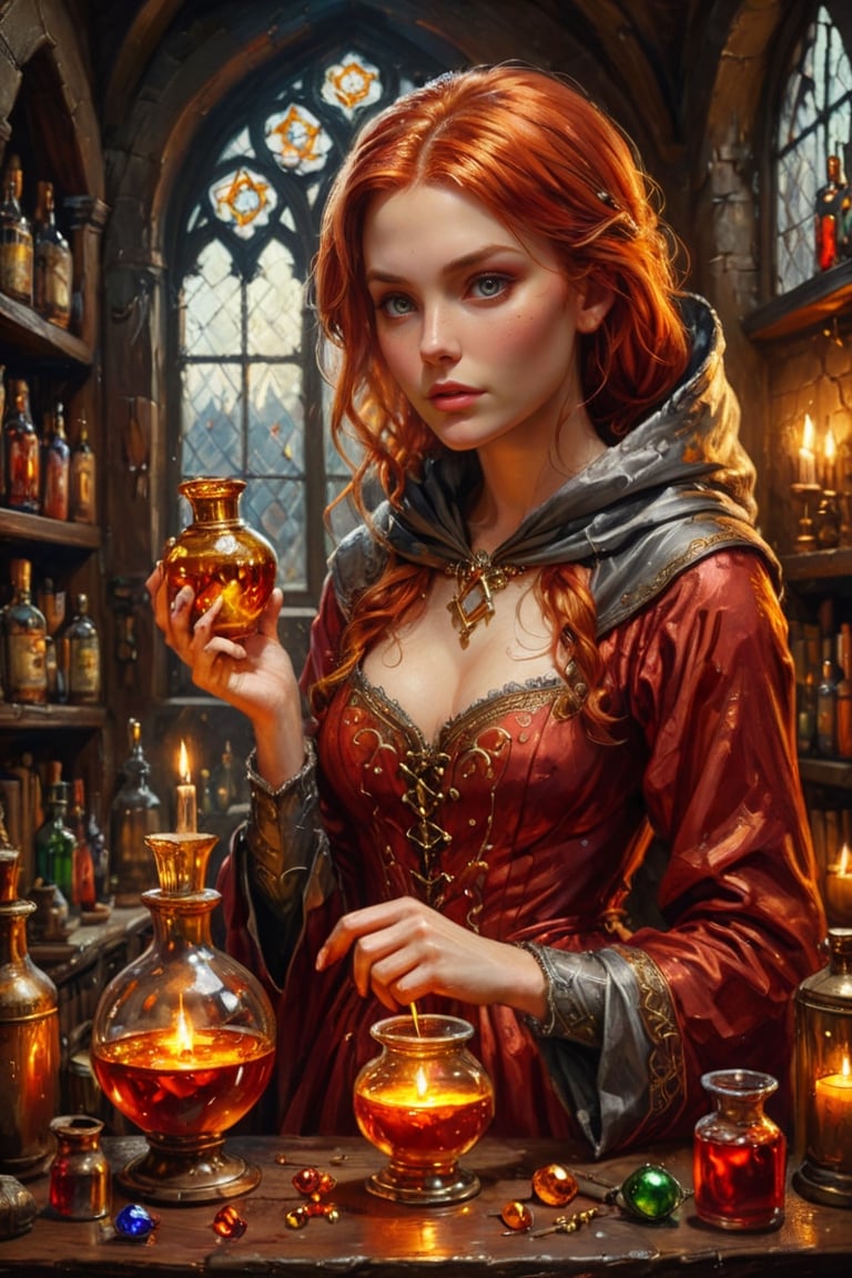 Photorealistic, Award Winning, Ultra Realistic, 8k, of a 20 years old good sweet witch preparing potions in her study. She has red copper hair and wears a medieval high-necked red dress with hood and tippet, richly silver embroidered. Medieval atmosphere. On background we see one yellow and orange stained glasses window lighting an old castle room, (many bright colored potion ampoules) on the shelves. Masterpiece, ultra highly detailed, Dynamic Poses, Alluring, Amazing, Excellent, Detailed Face, Beautiful Symmetric Eyes, Heavenly, Very Refined, dark golden light,digital painting