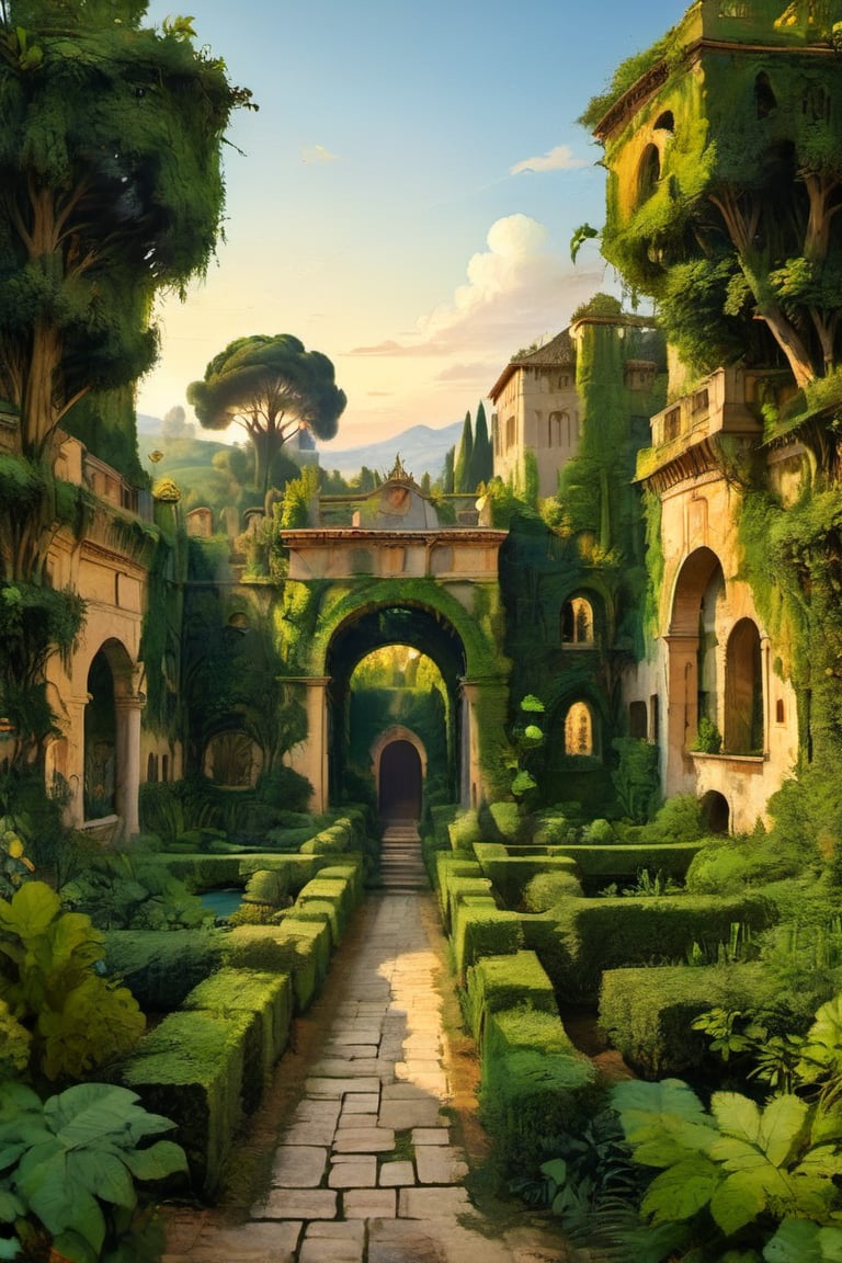 A surreal ancient garden with a medieval high hedge maze, many paths that intersect. A masterpiece painted by Claude Lorrain, highly detailed leaves, golden hour, romantic landscape, Architectural100,itacstl