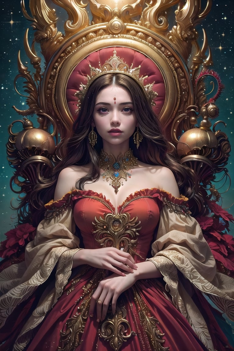 ultra high resolution, surreal, official art, divine nature, elegant and royal, red dress, orange, yellow, girl, complex detailed, medium shot, Holiness, Chaos, charming, majestic, beautiful Psychedelia, Madness, Highly detailed, intricate, midjourney, xyzabcplanets, scenery, Color magic,Realism