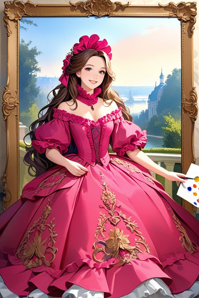 Very beautiful girl wearing a sumptuous fuchsia and sealmon dress, illustration, detailed, realistic, UHD, beautiful detailed eyes, beautiful detailed, Warmly smile, she is showing a painting of hers, Versailles background. Rococo oil paint