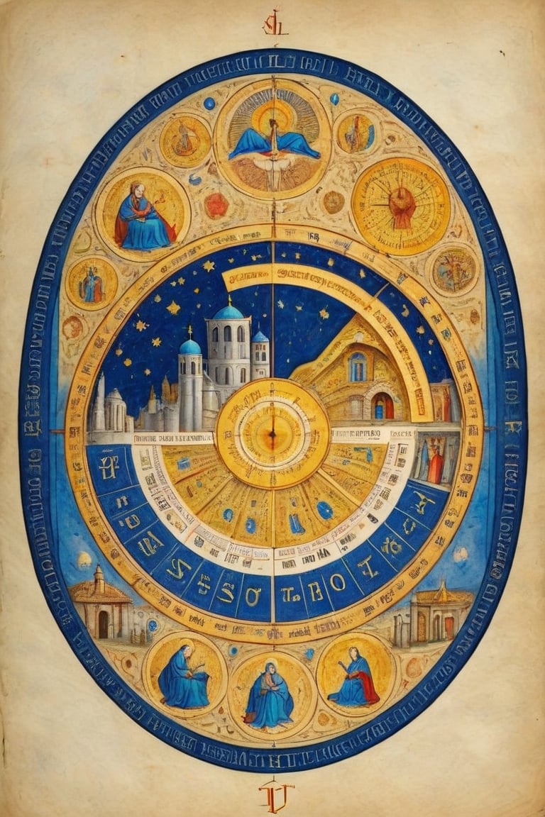 (Full-page illustration with a blue background of an ancient illuminated codex:1.3), concentric arrangement, ink drawing with golden leaf and liquid gold insertions on parchment, art on a cracked paper of a wonderful (medieval castle in Italy:1.4),  14th century,  (golden ratio:1.3),  (medieval architecture:1.3), (mullioned windows:1.3), (brick wall:1.1),  (towers with merlons:1.2),  (set on top of a hill overlooking a valley:1.2),  beautiful blue sky (aerial view:1.2), (round zodiac calendar:1.2), vignette,  highest quality. Masterpiece of a museum of art, in the style of Limbourg brothers,  award winning,  detailed and intricate,  masterpiece,  itacstl, real_booster, itacstl, on parchment, art_booster,