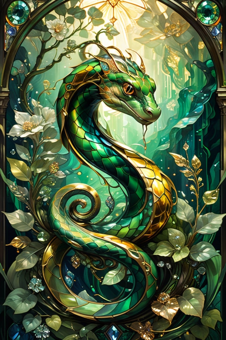 Green and gold snake, magical fantasy art is done in oil paint and liquid chrome, liquid rainbow, golden line, best quality,  fairytale, patchwork, (stained glass:1.2), storybook detailed illustration, cinematic, ultra highly detailed, tiny details, beautiful details, mystical, luminism, vibrant colors, complex background, resolution hyperdetailed intricate liminal eerie precisionism, intricate background, (dark luminescent:1.2) art by Alphonse Mucha,  Alan Lee, crystalz,shards,glass,crystalz