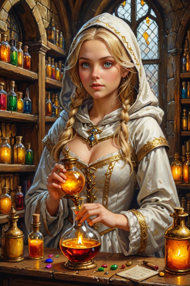 Photorealistic, Award Winning, Ultra Realistic, 8k, of a very light-skinned 25 years old good sweet girl preparing potions in her study. She has blonde hair and wears a medieval white dress with hood and tippet, richly silver embroidered. Medieval atmosphere. Golden line, liquid gold. On background we see one yellow and orange stained glasses window lighting an old castle room, (many bright colored potion ampoules) on the shelves. Masterpiece, ultra highly detailed, Dynamic Poses, Alluring, Amazing, Excellent, Detailed Face, Beautiful Symmetric Eyes, Heavenly, Very Refined, dark golden light,digital painting,crystalz,Decora_SWstyle,art_booster